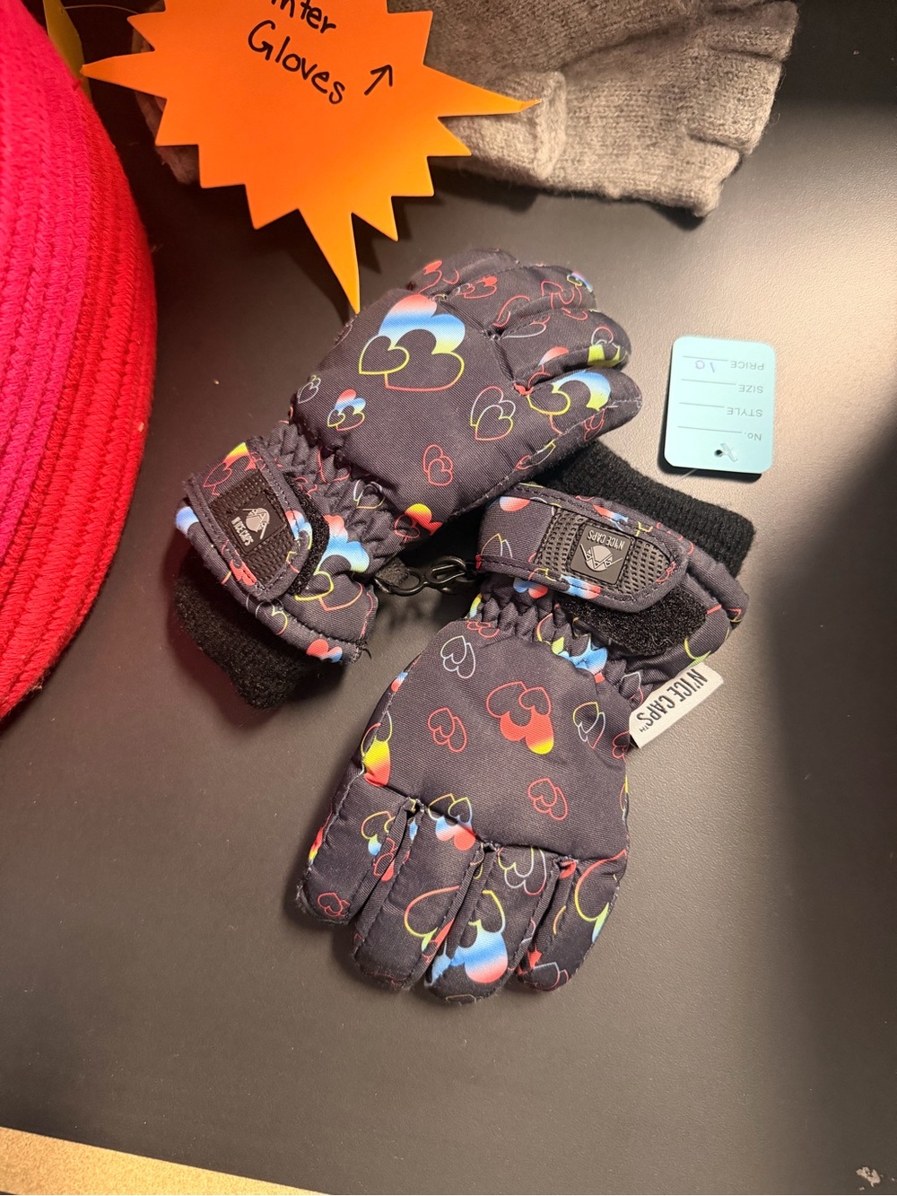 Kids Waterproof Mittens with Colorful Heart Print - Black